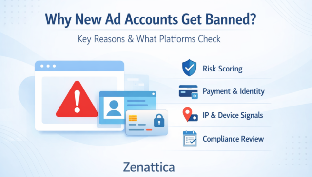 Cover image showing risk scoring, payment identity, IP/device signals, and compliance checks for new ad accounts.